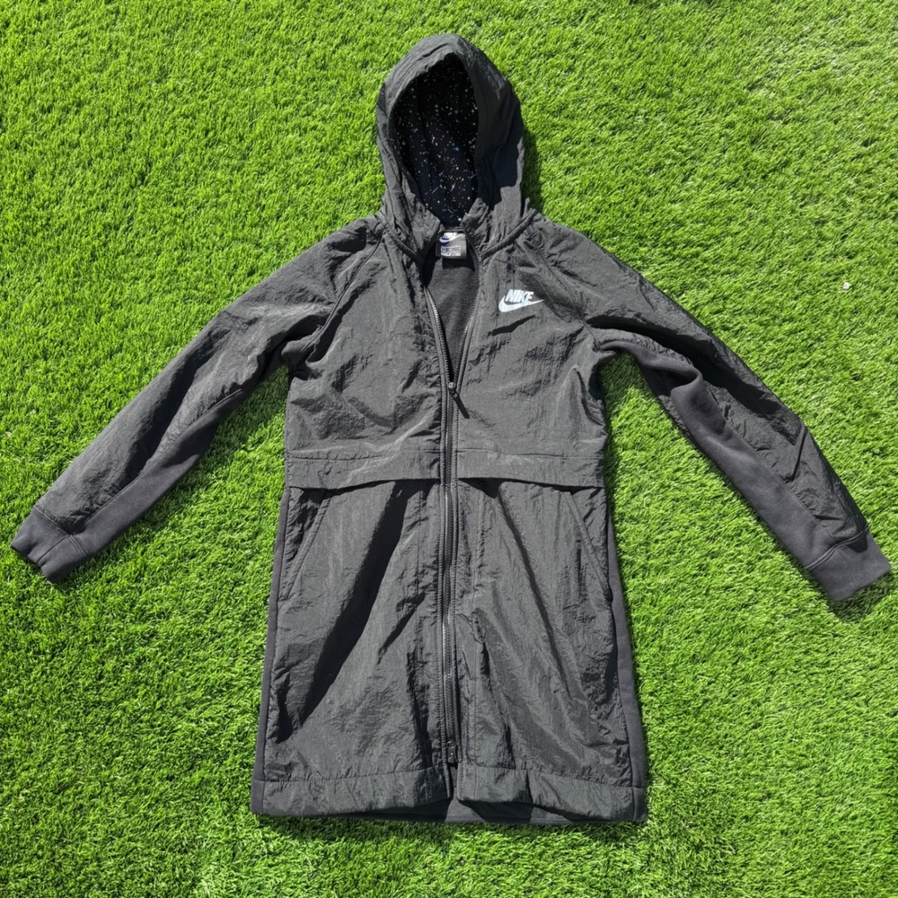 Nike Girls L Sportswear Long Fleece Parka Jacket Black Galaxy Hooded BV3058-010